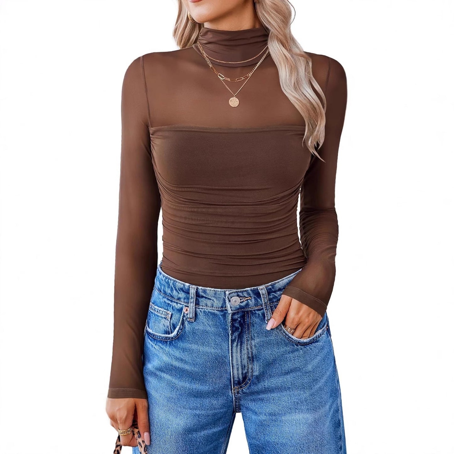 Round Neck Mesh Sheer Long Sleeve