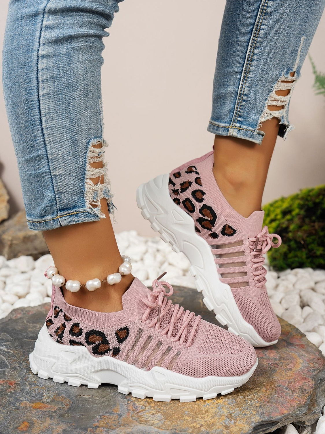 Leopard Lace Up Mesh Shoes