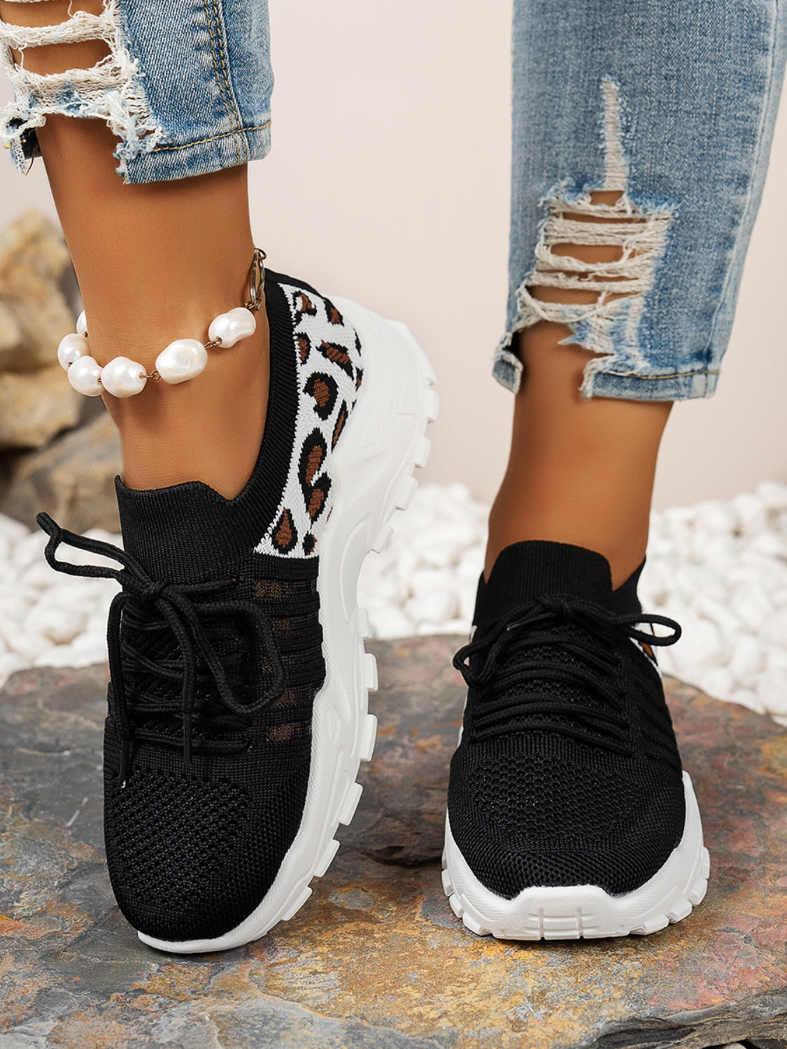 Leopard Lace Up Mesh Shoes