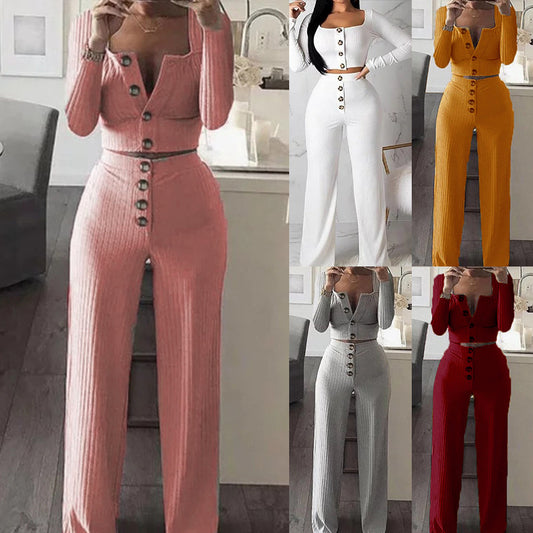 Buttoned Long Sleeve Top Loungewear Set