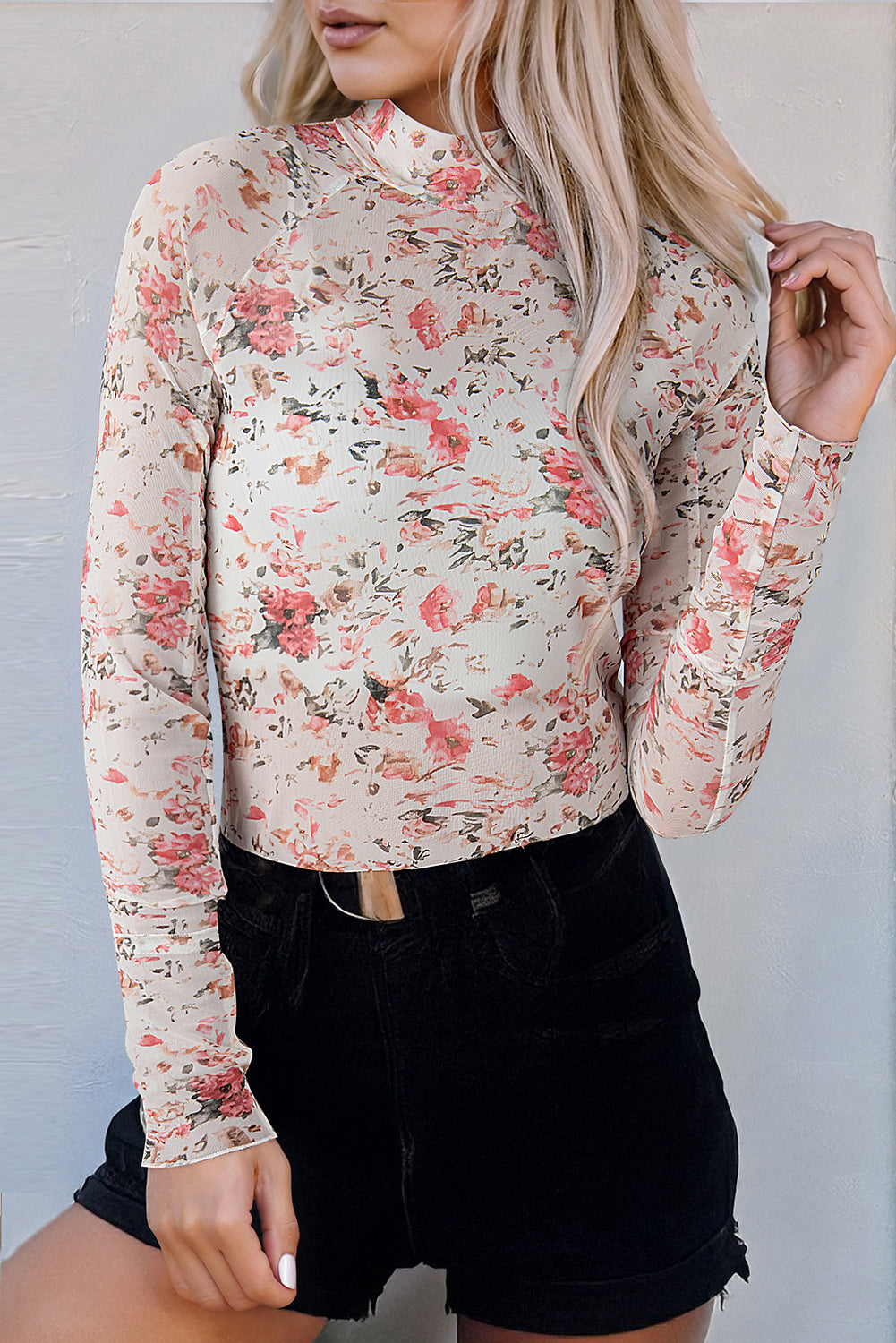 Floral Long Sleeve High Neck Mesh Blouse