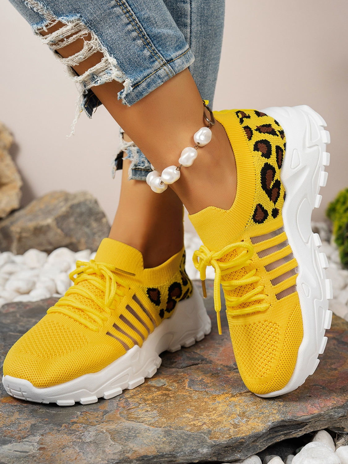 Leopard Lace Up Mesh Shoes