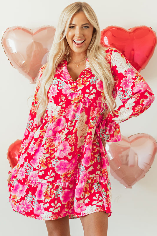 Red Floral Print V Neck Babydoll Mini Dress