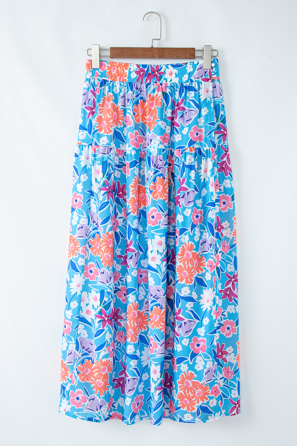 Sky Blue Floral Printed High Waist Split Wrap Long Skirt