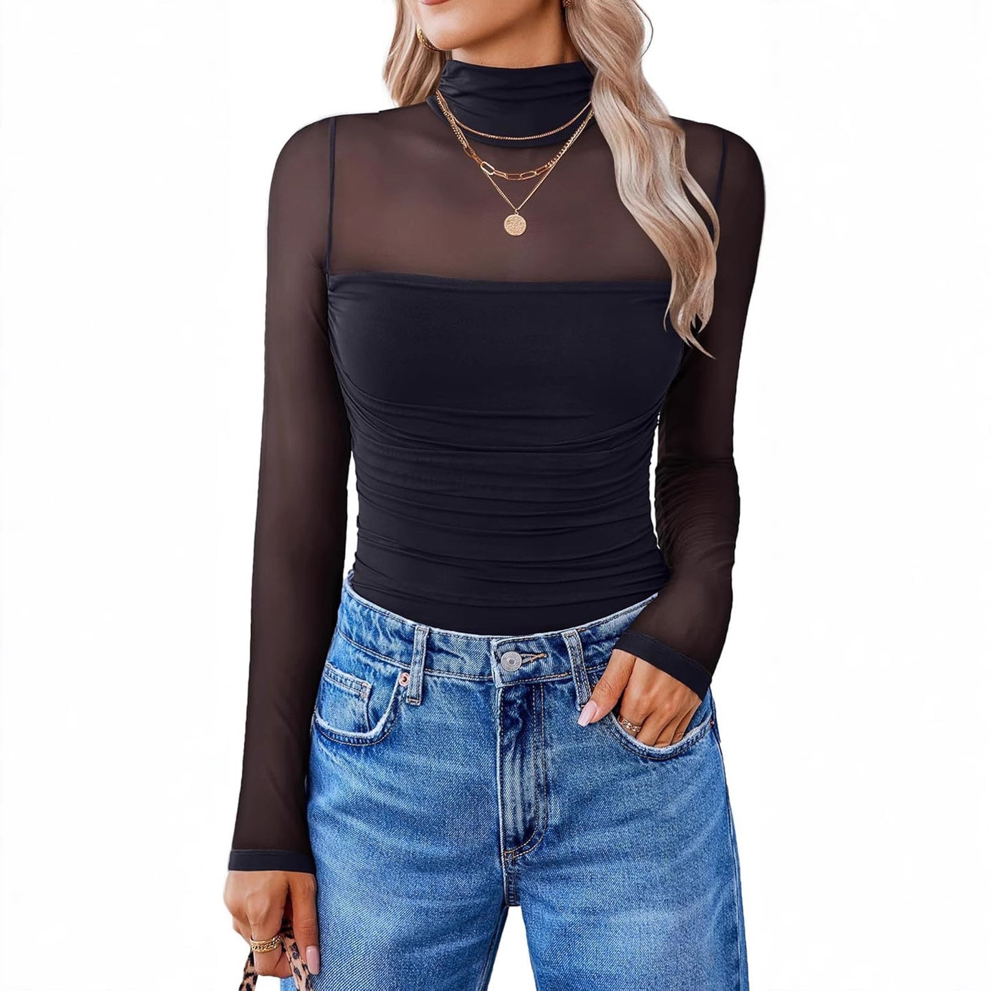 Round Neck Mesh Sheer Long Sleeve