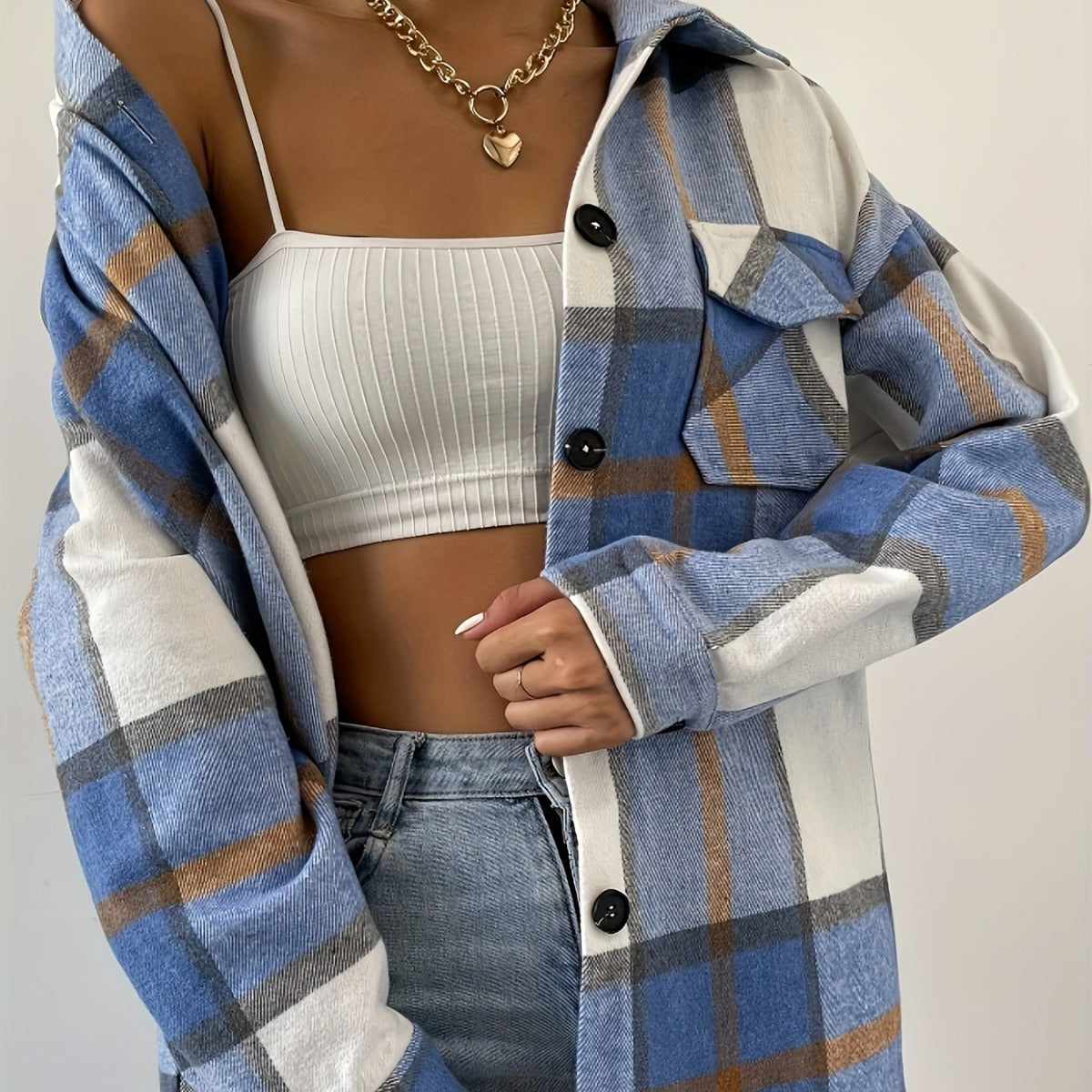 Plaid Buttoned Long-Sleeve Jacket