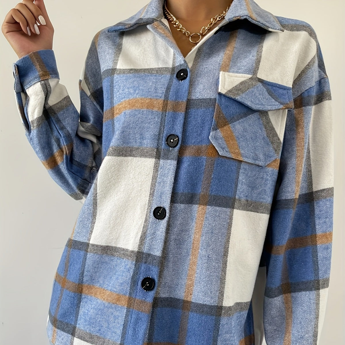 Plaid Buttoned Long-Sleeve Jacket