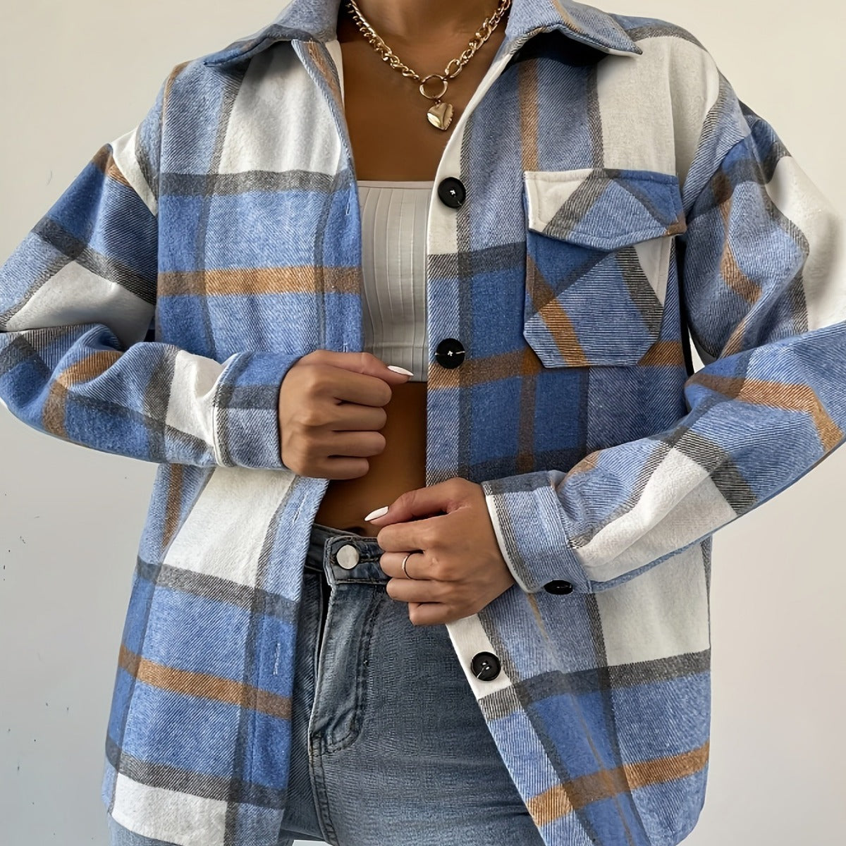 Plaid Buttoned Long-Sleeve Jacket