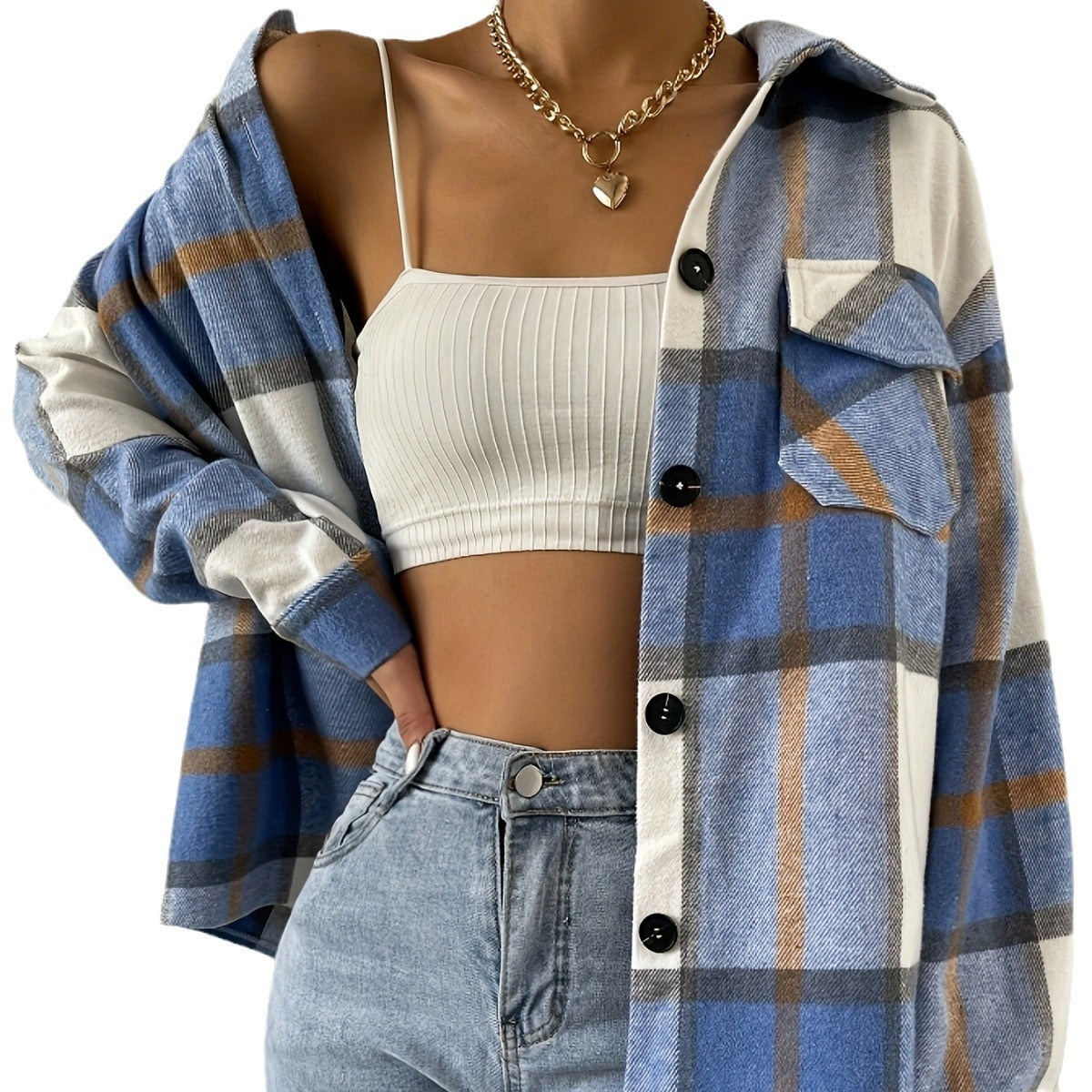 Plaid Buttoned Long-Sleeve Jacket