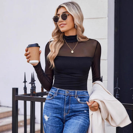 Round Neck Mesh Sheer Long Sleeve