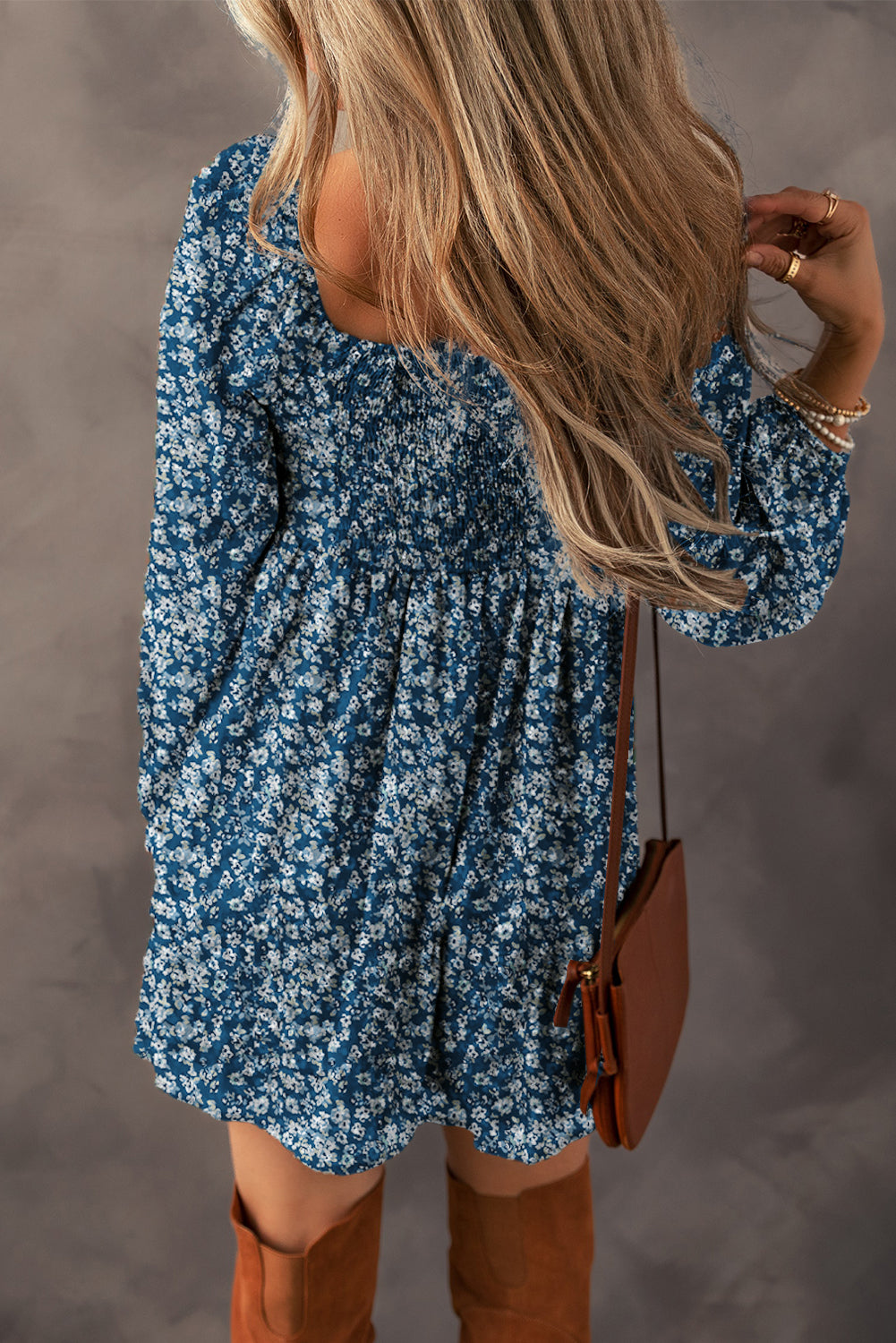 Blue Floral Print Sweetheart Neck Mini Dress