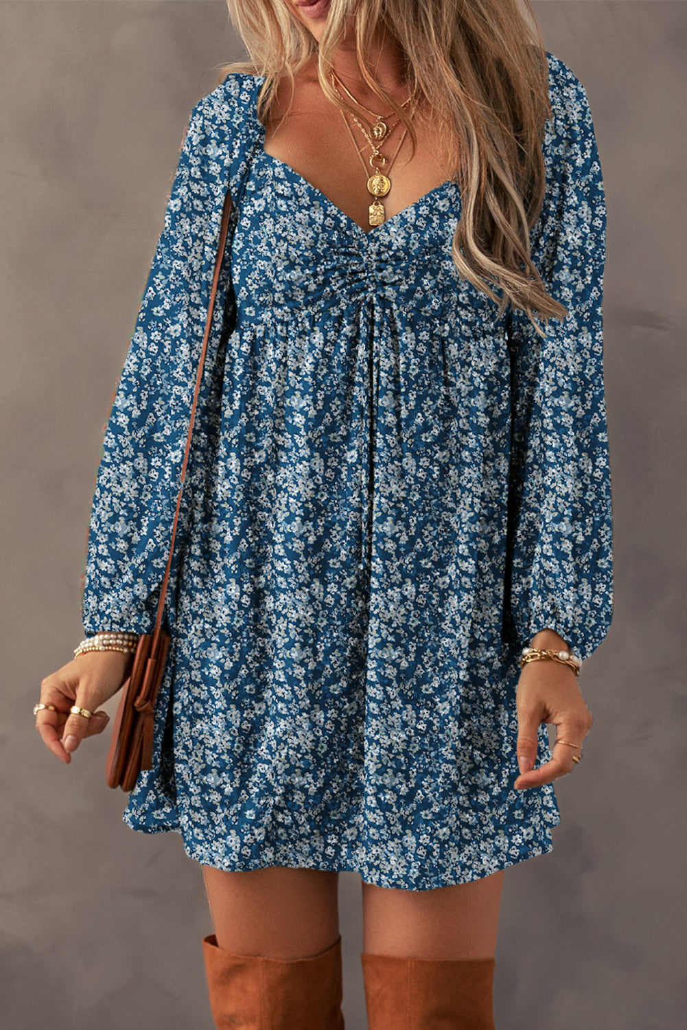 Blue Floral Print Sweetheart Neck Mini Dress