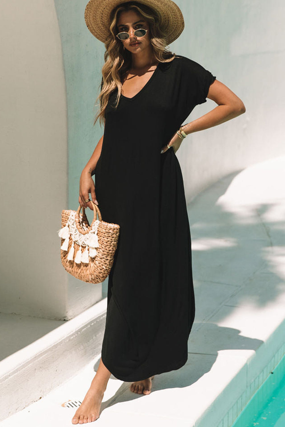 Grass Green V Neck Hidden Pocket Splits Maxi T-shirt Dress