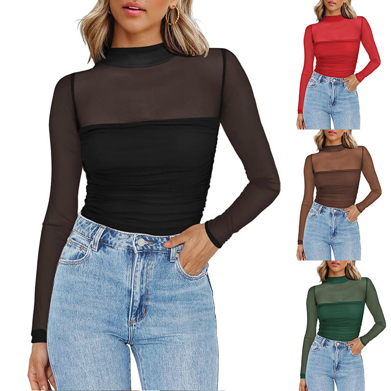 Round Neck Mesh Sheer Long Sleeve