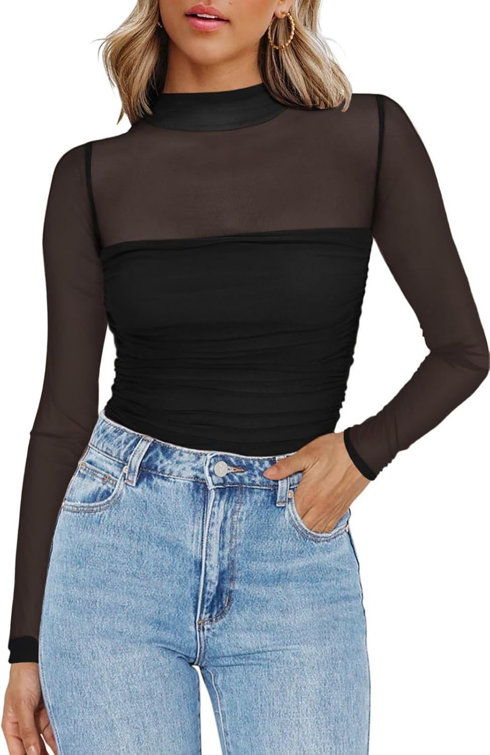 Round Neck Mesh Sheer Long Sleeve