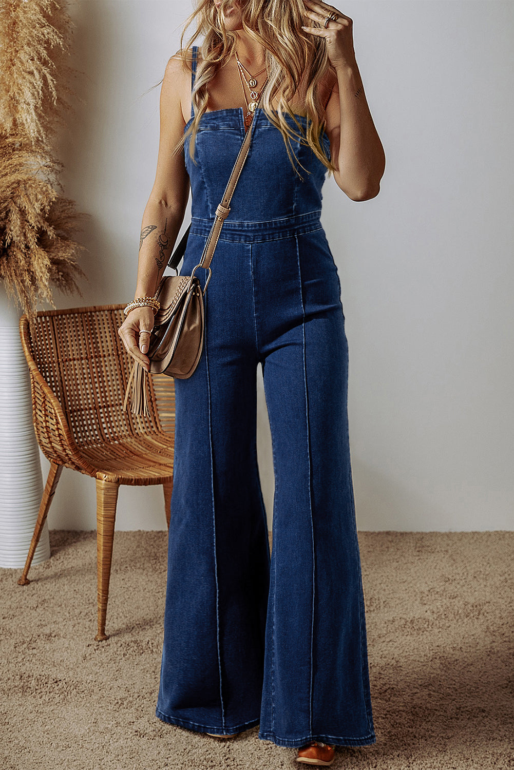 Spaghetti Strap High Waist Flared Jumpsuit