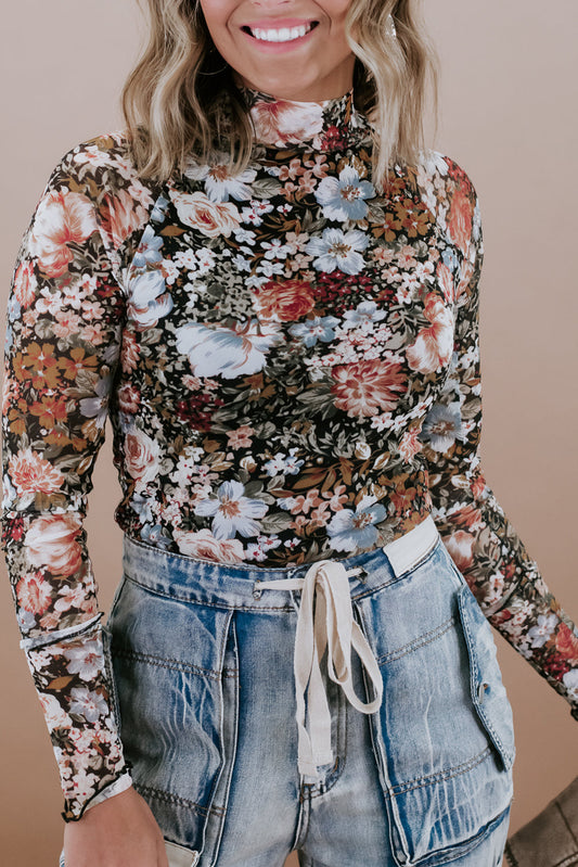 Floral Long Sleeve High Neck Mesh Blouse