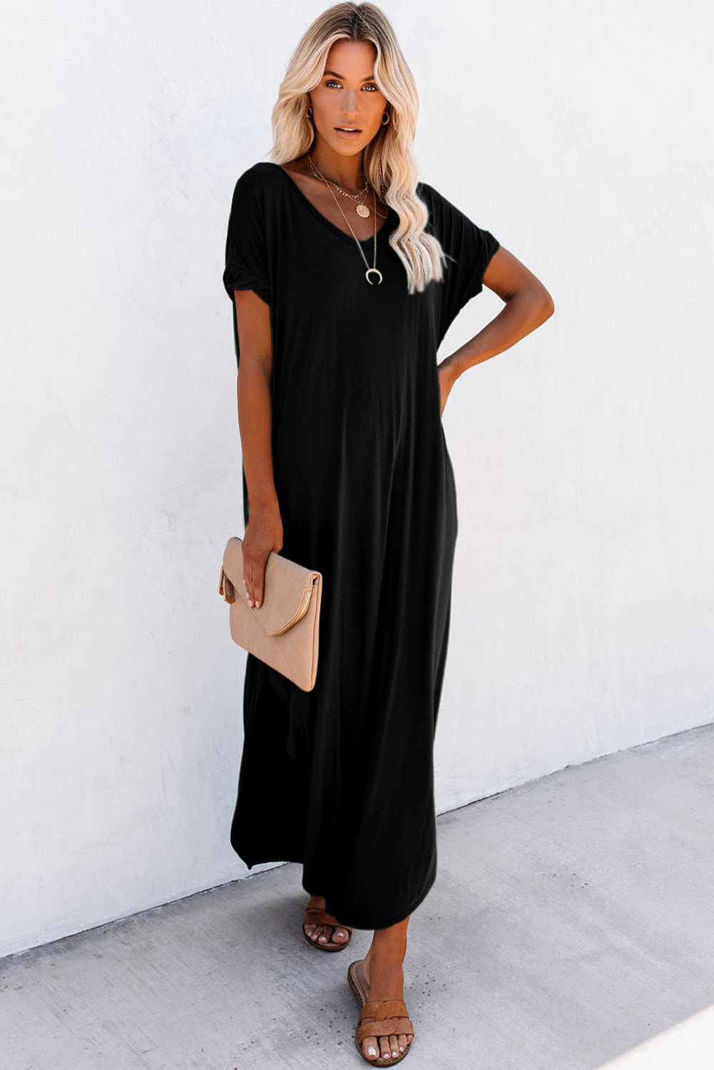 Grass Green V Neck Hidden Pocket Splits Maxi T-shirt Dress