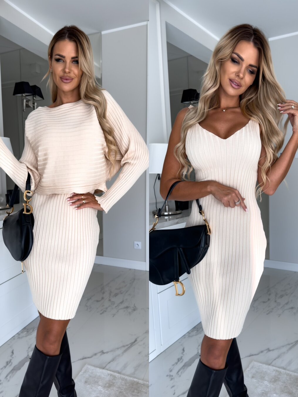 2pcs Women's Winter Solid  Long-sleeved Top And Dress